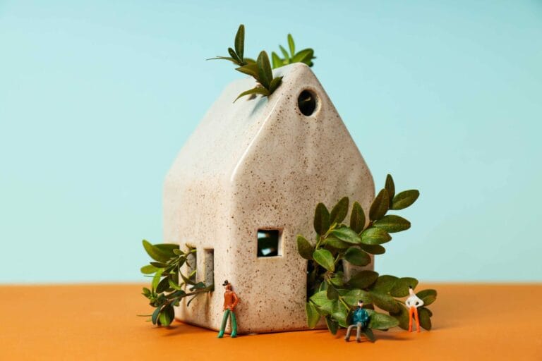Photo of a ceramic house with branches coming out of it.